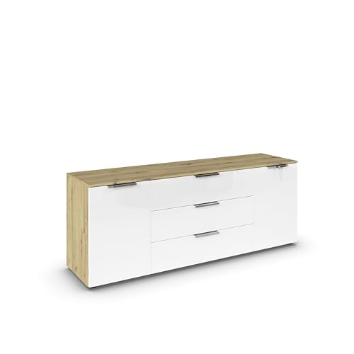 Rauch Möbel Flipp, Sideboard, TV-Schrank, Kommode mit Stauraum, Eiche Artisan/Glasfront Weiß, 2-türig, Glastüren, 3 Schubkästen, Griffe chrom, 160x61x42cm von Rauch Möbel