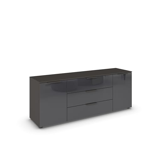 Rauch Möbel Flipp, Sideboard, TV-Schrank, Kommode mit Stauraum, Graphit/Glasfront Basalt, 2-türig, Glastüren, 3 Schubkästen, Griffe graphit, 160x61x42cm von Rauch Möbel