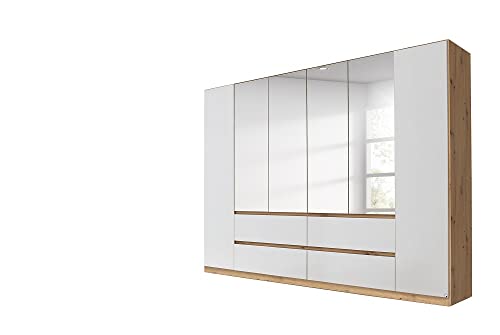 Rauch Möbel Mainz Schrank Kleiderschrank Drehtürenschrank Weiß / Eiche Artisan 6-türig mit Spiegel, 4 Schubladen inkl. Zubehörpaket Basic 4 Einlegeböden, 4 Kleiderstangen, grifflos BxHxT 271x210x54 cm von Rauch Möbel