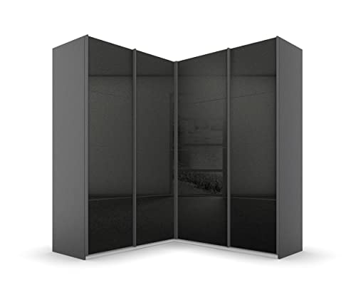 Rauch Möbel Quadra Schrank Eckschrank Schwebetürenschrank, Grau metallic/Hochglanz Effektgrau, Schwarz, 4-trg. mit Spiegel, inkl. 2 Kleiderstangen, 12 Einlegeböden, 3 Schubladen, BxHxT 181x229x187 cm von Rauch Möbel