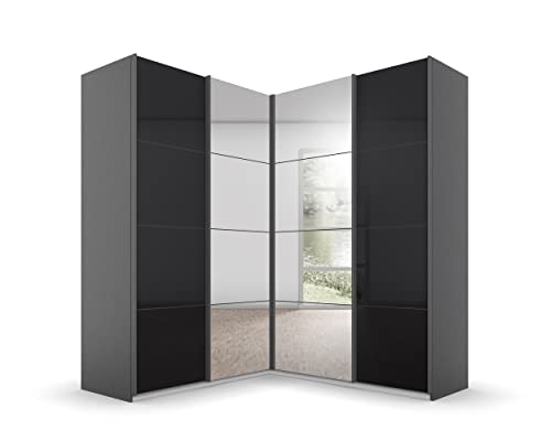 Rauch Möbel Quadra Schrank Eckschrank Schwebetürenschrank, Grau metallic/Glas basalt, Schwarz, 4-trg. mit Spiegel, inkl. 2 Kleiderstangen, 12 Einlegeböden, 3 Schubladen, BxHxT 181x210x187 cm Rauch Möbel Quadra Schrank Eckschrank Schwebetürenschrank, Grau metallic/Glas basalt, Schwarz, 4-trg. mit Spiegel, inkl. 2 Kleiderstangen, 12 Einlegeböden, 3 Schubladen, BxHxT 181x210x187 cm von Rauch Möbel
