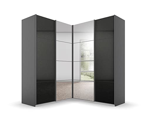 Rauch Möbel Quadra Schrank Eckschrank Schwebetürenschrank, Grau metallic/Hochglanz Effektgrau, Schwarz, 4-trg. mit Spiegel, inkl. 2 Kleiderstangen, 12 Einlegeböden, 3 Schubladen, BxHxT 181x210x187 cm von Rauch Möbel