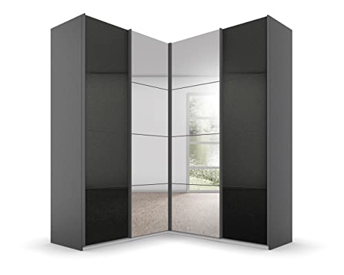 Rauch Möbel Quadra Schrank Eckschrank Schwebetürenschrank, Grau metallic/Hochglanz Effektgrau, Schwarz, 4-trg. mit Spiegel, inkl. 2 Kleiderstangen, 12 Einlegeböden, BxHxT 181x229x187 cm von Rauch Möbel