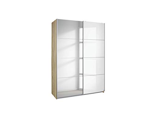 Rauch Möbel Subito Schrank Kleiderschrank Schwebetürenschrank in Eiche Sonoma / Glas Weiß mit Spiegel 2-türig inkl. Zubehörpaket Basic 2 Kleiderstangen, 2 Einlegeböden BxHxT 136x197x61 cm von Rauch Möbel