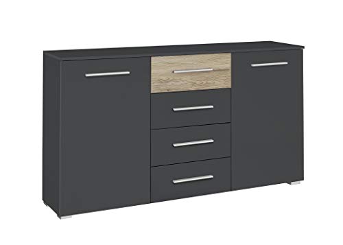 Rauch Möbel Tarragona Schlafzimmer Kommode, Kommode in Grau Metallic / Eiche Sanremo hell, 2-türig mit 4 Schubladen inkl. Zubehörpaket Basic 2 Einlegeböden BxHxT 140x81x42 cm von Rauch Möbel