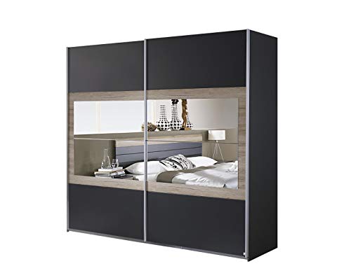 Rauch Möbel Tarragona Schrank Schwebetürenschrank, Grau Metallic / Eiche Sanremo hell, 2-türig mit Spiegel, inkl. Zubehörpaket Basic 2 Einlegeböden, 2 Kleiderstangen, BxHxT 181x210x62 cm von Rauch Möbel