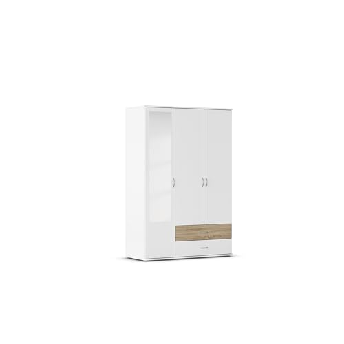 Rauch Möbel Noosa Drehtürenschrank, Kleiderschrank, Schrank, Garderobe, 3-türig, mit Spiegel und 2 Schubladen, Farbe Weiß mit Absetzung Eiche Sonoma, Holz, Griffprofil Alufarben, 127x188xx52cm von Rauch Möbel