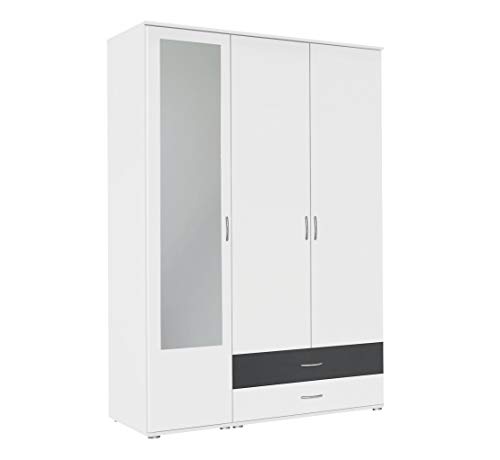 Rauch Möbel A9L92.2R07 Noosa Schrank Drehtürenschrank, Weiß / Grau Metallic, 3-türig mit Spiegel und 2 Schubladen, inkl. Zubehörpaket Basic 1 Kleiderstange, 3 Einlegeböden BxHxT 127x188x52 cm von Rauch Möbel