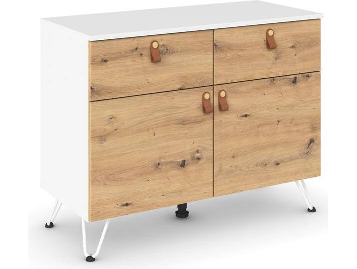Kombikommode RAUCH Homey by Aditio , weiß (alpinweiß, eiche artisan), B:93cm H:73cm T:43cm, Holzwerkstoff, Sideboards, mit Grifflaschen in Leder, 2 Schubladen mit Softclose-Funktion von Rauch