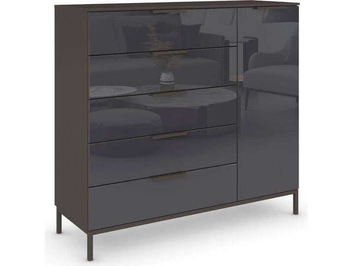 Kombikommode RAUCH Kommode Türkommode Sideboard Kombikommode FLIPP mit Glasfront , grau (graphit, glas basalt), B:120cm H:111cm T:42cm, Holzwerkstoff, Sideboards, 1-türig mit 5 Schubladen und Soft-Close-Funktion sowie Glasfront von Rauch