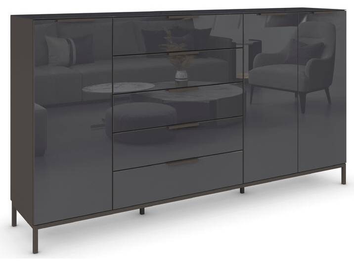 Kombikommode RAUCH Kommode Türkommode Sideboard Kombikommode FLIPP mit Glasfront , grau (graphit, glas basalt), B:200cm H:110cm T:42cm, Holzwerkstoff, Sideboards, 3-türig, 5 Schubladen, Soft-Close-Funktion, Oberboden und Front Glas von Rauch