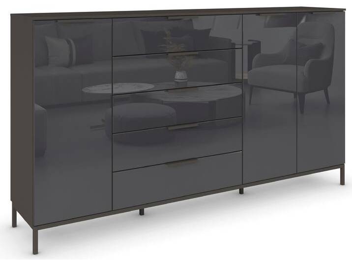 Kombikommode RAUCH Kommode Türkommode Sideboard Kombikommode FLIPP mit Glasfront , grau (graphit, glas basalt), B:200cm H:111cm T:42cm, Holzwerkstoff, Sideboards, 3-türig mit 5 Schubladen und Soft-Close-Funktion sowie Glasfront von Rauch