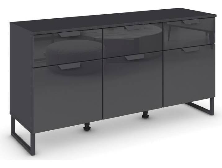 Kombikommode RAUCH Modern by Aditio , grau (graumetallic), B:140cm H:73cm T:44cm, Holzwerkstoff, Sideboards, mit Glasfront und Kufenfuß, 3 Schubladen mit Softclose-Funktion von Rauch