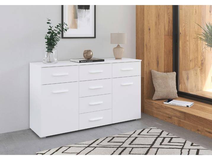 Kombikommode RAUCH Prandon B , weiß (alpinweiß), B:140cm H:81cm T:42cm, Holzwerkstoff, Sideboards, mit 6 Schubladen und 2 Türen, Metallgriffe von Rauch