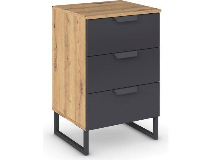 Nachtkommode RAUCH Dark&Wood by Aditio , grau (eiche artisan, graumetallic), B:47cm H:73cm T:44cm, Holzwerkstoff, Sideboards, im Industrial Style mit Kufenfuß, 3 Schubladen mit Softclose-Funktion von Rauch