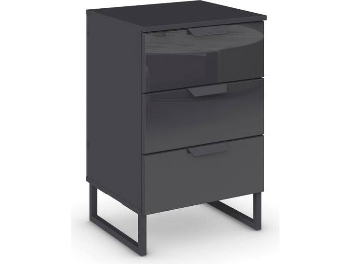 Nachtkommode RAUCH Modern by Aditio , grau (graumetallic), B:47cm H:73cm T:44cm, Holzwerkstoff, Sideboards, mit Glasfront und Kufenfuß, 3 Schubladen mit Softclose-Funktion von Rauch