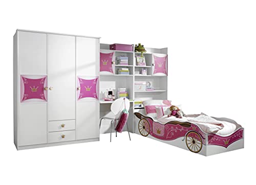 Rauch Möbel Kate Kinderzimmer Mädchenzimmer, Weiß / Motiv Prinzessin, Rosa, Gold, Set bestehend aus Kleiderschrank, Bett, Schreibtisch- und Bettschrank, Gesamtmaße BxHxT 326x199x238 cm von Rauch Möbel