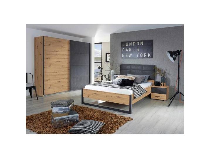 Rauch Möbel BETT, Anthrazit, Graphit, Eiche Artisan, 140x200 cm, Made in Germany, BQ - Bündnis für Qualität, Blauer Engel, gepolstertes Kopfteil, von Rauch