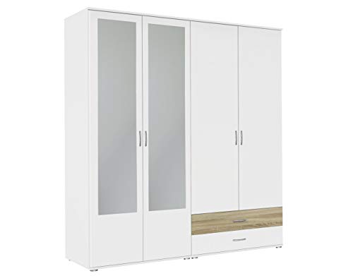 Rauch Möbel Noosa Schrank Drehtürenschrank, Weiß / Eiche Sonoma, 4-türig mit Spiegel und 2 Schubladen, inkl. Zubehörpaket Basic 1 Kleiderstange, 3 Einlegeböden BxHxT 168x188x52 cm von Rauch Möbel