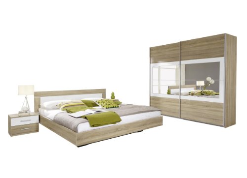 Rauch Möbel Venlo Schlafzimmer, Eiche Sonoma / Weiß, bestehend aus Bett mit Liegefläche 180x200 cm inkl. 2 Nachttische und Schwebetürenschrank BxHxT 226x210x62 cm von Rauch Möbel
