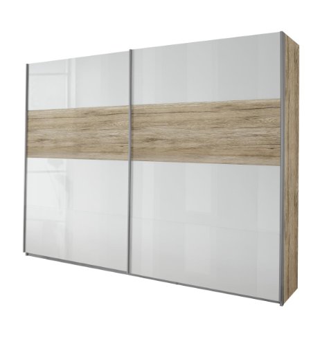 Rauch Schwebetürenschrank Kleiderschrank Weiß Hochglanz 2-türig, Absetzungen und Korpus Eiche San Remo Hell, BxHxT 181x210x62 cm von Rauch Möbel