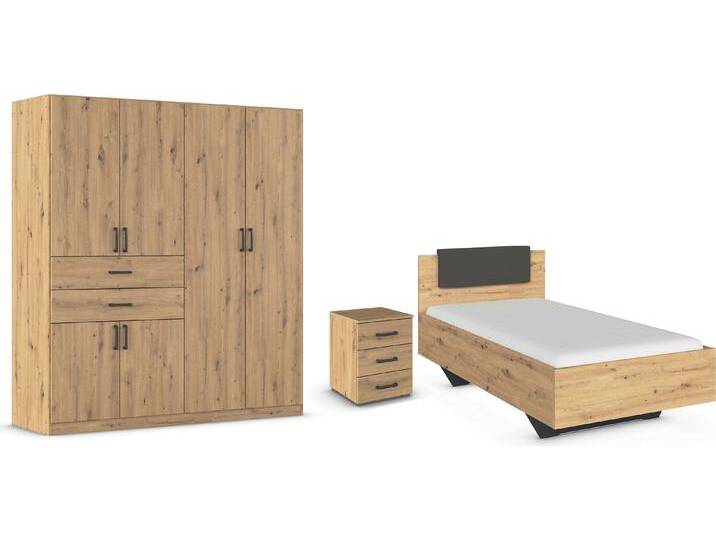 Schlafzimmer-Set RAUCH Komplettzimmer Komplettschlafzimmer Schlafzimmer-Set (3-St.) MAIKA , schwarz (eiche artisan, lederoptik schwarz), Schrank Breite 181cm, Höhe 197 + ohne Matratze, B/H: 100cm x 200cm, Schlafzimmermöbel-Sets, Schrank 3 Breiten, 2 Höhen, Bett 100 cm, Nachttisch MADE IN GERMANY von Rauch