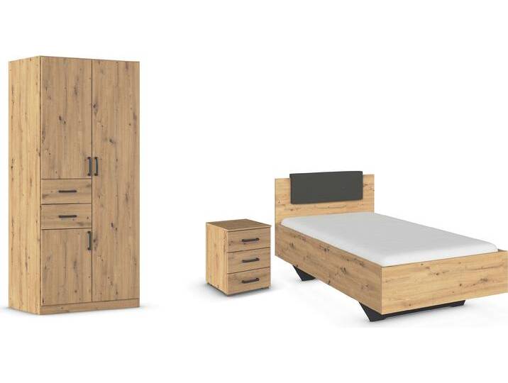Schlafzimmer-Set RAUCH Komplettzimmer Komplettschlafzimmer Schlafzimmer-Set (3-St.) MAIKA , schwarz (eiche artisan, lederoptik schwarz), Schrank Breite 91cm, Höhe 197 + ohne Matratze, B/H: 100cm x 200cm, Holzwerkstoff, Schlafzimmermöbel-Sets, Schrank 3 Breiten, 2 Höhen, Bett 100 cm, Nachttisch MADE IN GERMANY von Rauch