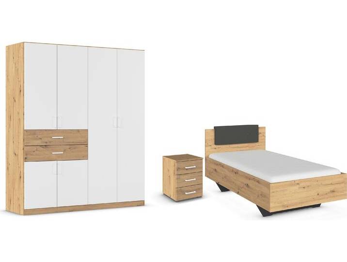 Schlafzimmer-Set RAUCH Komplettzimmer Komplettschlafzimmer Schlafzimmer-Set (3-St.) MAIKA , schwarz-weiß (eiche artisan, alpinweiß, lederoptik schwarz), Schrank Breite 181cm, Höhe 210 + ohne Matratze, B/H: 100cm x 200cm, Schlafzimmermöbel-Sets, Schrank 3 Breiten, 2 Höhen, Bett 100 cm, Nachttisch MADE IN GERMANY von Rauch