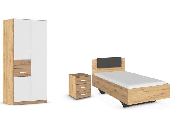 Schlafzimmer-Set RAUCH Komplettzimmer Komplettschlafzimmer Schlafzimmer-Set (3-St.) MAIKA , schwarz-weiß (eiche artisan, alpinweiß, lederoptik schwarz), Schrank Breite 91cm, Höhe 210 + ohne Matratze, B/H: 100cm x 200cm, Schlafzimmermöbel-Sets, Schrank 3 Breiten, 2 Höhen, Bett 100 cm, Nachttisch MADE IN GERMANY von Rauch