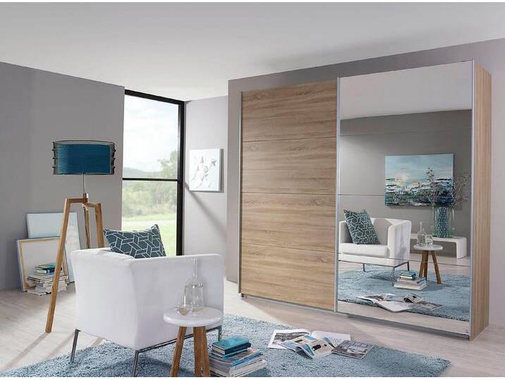 rauch Schwebetürenschrank Quadra inkl. Schubkasteneinsatz und zusätzlichen Einlegeböden, beige, struktureichefarben hell/Spiegel von Rauch