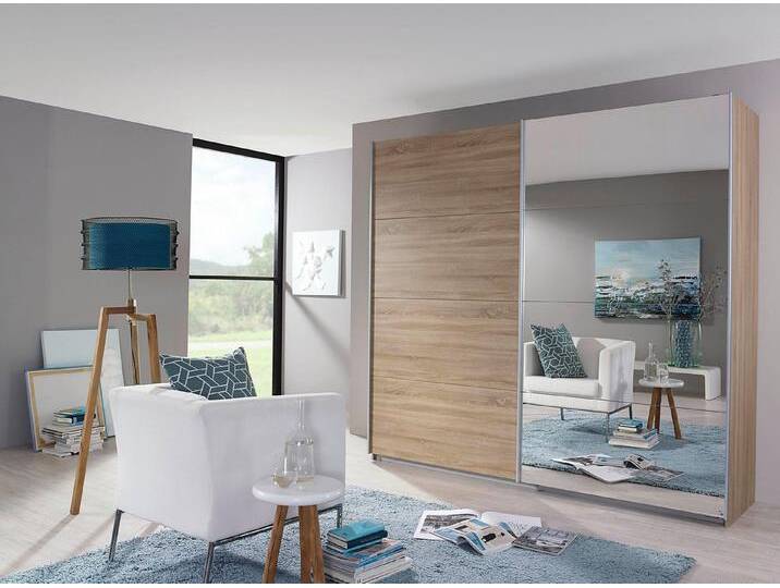 rauch Schwebetürenschrank Quadra inkl. Schubkasteneinsatz und zusätzlichen Einlegeböden, beige, struktureichefarben hell/Spiegel von Rauch