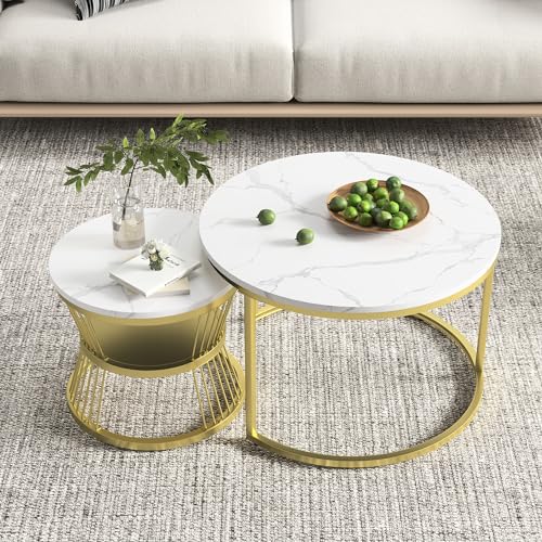 Couchtisch Rund mit Stauraum 2er Set, Couchtisch mit Marmormuster, Runder Wohnzimmertisch Modern, Beistelltisch Set mit Metallgestell,Satztische fürs Wohnzimmer Balkon von Ravas