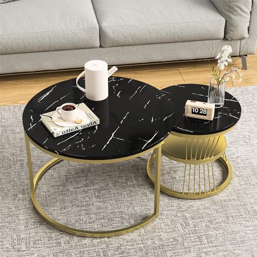 Ravas Couchtisch Rund mit Stauraum 2er Set, Couchtisch mit Marmormuster, Runder Wohnzimmertisch Modern, Beistelltisch Set mit Metallgestell,Satztische fürs Wohnzimmer Balkon, Gold und Schwarz von Ravas