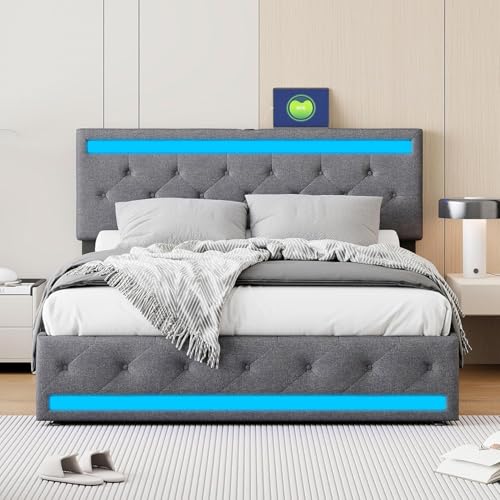 Ravas Doppelbett 140x200 cm mit LED-Beleuchtung, Ladegerät 1 USB und 1 Type-C, Leinenstoff Ravas Doppelbett 140x200 cm mit LED-Beleuchtung, Ladegerät 1 USB und 1 Type-C, Leinenstoff von Ravas