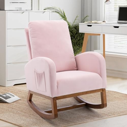 Ravas Relaxsessel Schaukelstuhl gepolsterter Stuhl Samtstoff hohe Rückenlehne Moderner und stilvoller Wohnzimmerstuhl für Wohnzimmer und Küche, Farbe rosa von Ravas