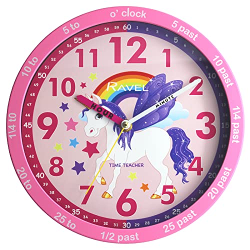 Ravel R.KC.10 Wanduhr für Kinder, 25 cm, analoges Quarz, rosa Einhorn/rosa Zifferblatt von Ravel