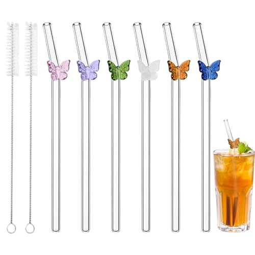 6 Stück Strohhalme Glas, Glasstrohhalme Wiederverwendbar mit Reinigungsbürsten für Säfte Cocktails, Smoothie, Kaffee, Milch (Style A) von Raveparty