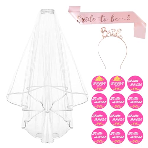 JGA Accessoires Frauen, Junggesellenabschied Frauen, Bride to Be Schärpe und Schleier, Weiß Braut JGA Rosegold Stirnband Tiara, Hochzeit Fotorequisiten Spiele Zubehör für Bachelorette Party von Raveparty