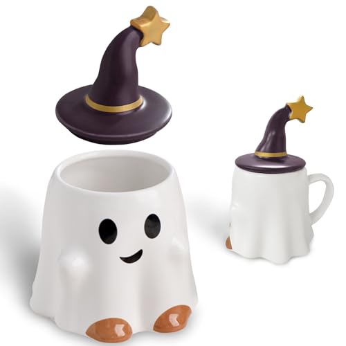 Raveparty Halloween Tasse, 500ml Halloween Geist Becher mit Deckel, Geistertasse Keramik Kaffeetasse, Kreative und Lustige Kaffeetasse, Halloween Geschenk (A) von Raveparty