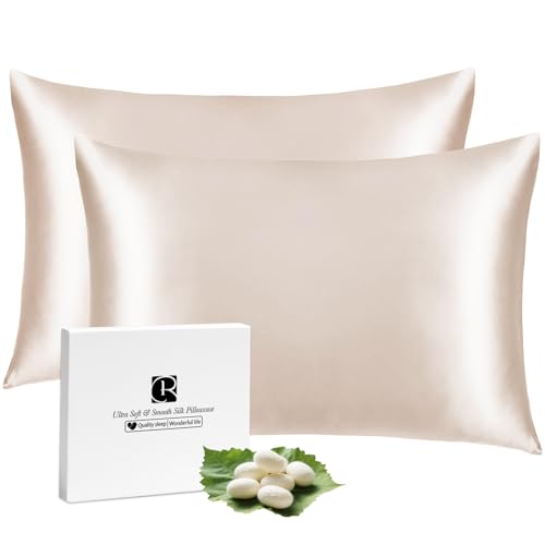 2er Set Seidenkissenbezug 40x60, Ravmix Kissenbezüge aus Seide, für Haar und Haut, mit verstecktem Reißverschluss, beide Seiten Seide, Maulbeerseide Kopfkissenbezug 40x60, 2 Stück, Beige von Ravmix