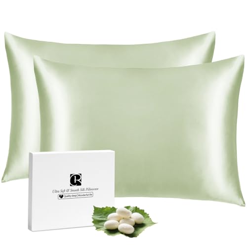 2er Set Seidenkissenbezug 40x80, Ravmix Kissenbezüge aus Seide, für Haar und Haut, mit verstecktem Reißverschluss, beide Seiten Seide, Maulbeerseide Kopfkissenbezug 40x80, 2 Stück, Bohnengrün von Ravmix