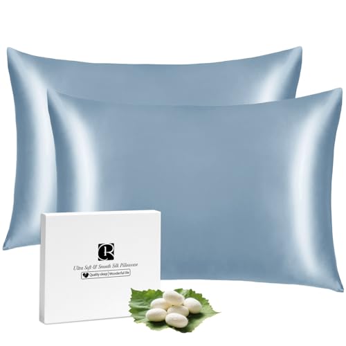 2er Set Seidenkissenbezug 40x80, Ravmix Kissenbezüge aus Seide, für Haar und Haut, mit verstecktem Reißverschluss, beide Seiten Seide, Maulbeerseide Kopfkissenbezug 40x80, 2 Stück, Feuersteinblau von Ravmix