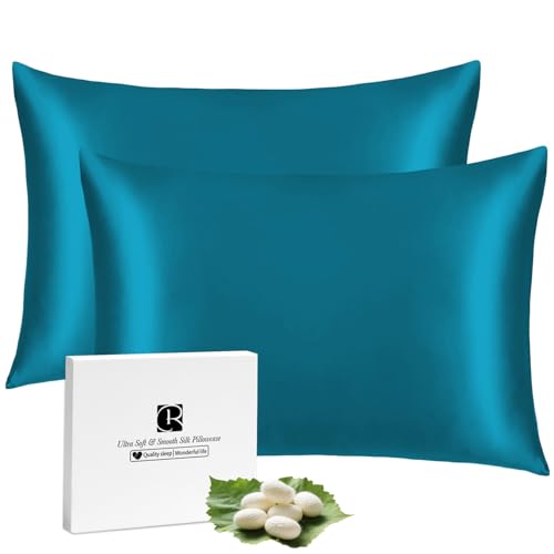 2er Set Seidenkissenbezug 40x80, Ravmix Kissenbezüge aus Seide, für Haar und Haut, mit verstecktem Reißverschluss, beide Seiten Seide, Maulbeerseide Kopfkissenbezug 40x80, 2 Stück, Pfauenblau von Ravmix