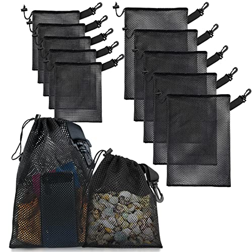 Raweao Klein Netztaschen mit Kordelzug und Clip, Schwarz Netzbeutel Klein Beutel mit Kordelzug, Taschen Mesh Bag Kordelzugbeutel für Reisen Strand Spielzeug(12 Stück) von Raweao