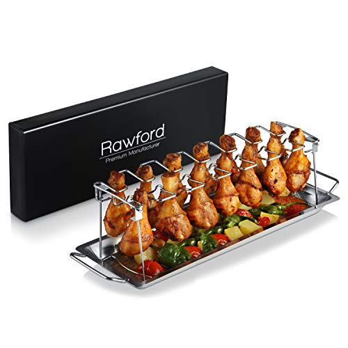 Rawford Hähnchenschenkel Halter | LFGB-geprüft (TÜV) | Edelstahl Grill & Backofen Chicken Rack | Spülmaschinenfest, Klappbar & langlebig | Inkl. BBQ-Rezeptkarte & eBook von Rawford