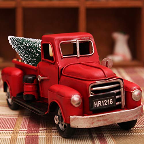 Rawisu Vintage Red Truck Deko Handgefertigtes Rotes Metall Pickup Mit Mini Weihnachtsbäumen Ornamente Auto Modell Für Weihnachtsdeko Tischdeko Weihnachten Schmiedeeisen Handwerk von Rawisu