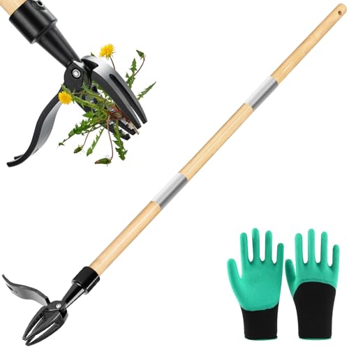 Raxfekro Fußbetätigtes Unkrautstecher, 110cm Aufrecht Stehender Unkrautentferner, Aluminium 4 Krallen Naturholz Griff Löwenzahnstecher von Raxfekro