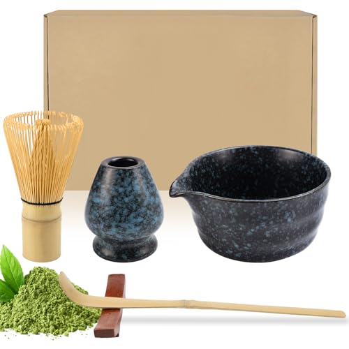 Raxfekro Matcha Besen 5-Teiliges Set, Matcha-Schneebesen, Matcha Löffel, Matcha Schüssel mit Auslauf, Matcha Whisk, Keramik Matcha Tea Set (schwarz mit blau) von Raxfekro