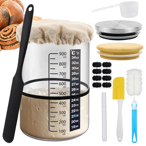 Sauerteig Starter Set，Sauerteig-Starterglas Set mit Aluminiumkappe, Gummiband, Thermometerpapier, Silikon-Spatel, Stoffhut, Etikett zum Backen von Sauerteigbrot (900 ml) von Raxfekro