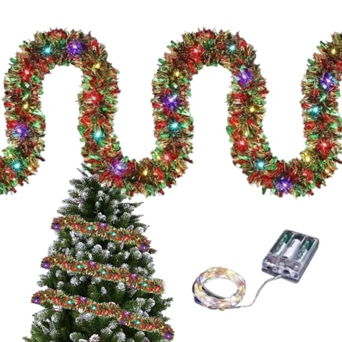 Ornamente mit Luftschlangen, Lametta Girlande – Weihnachtskranz mit LED-Lichtern | Lichterkette für Weihnachtsbaum, batteriebetriebene bunte Lichtstreifen, Dekorationen von Raxove